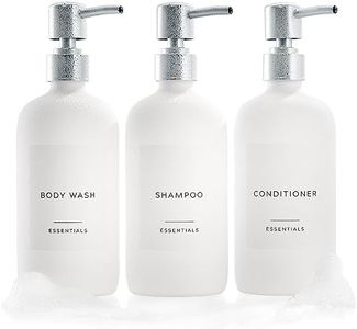 Stylish Shampoo and Conditioner Dispenser Set of 3 - Modern 21oz Shower Soap Bottles with Pump and Labels - Easy to Refill Body Wash Dispensers for an Instant Bathroom Decor Upgrade - White