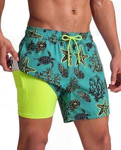 maamgic Mens Swim Trunks with Compression Liner 5 Inch, Quick Dry Bathing Suit with Zipper Pockets, Stretch No-Chafing Swim Shorts, Green-Sea World X-Large