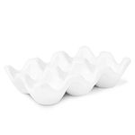 Flexzion Ceramic Egg Holder for Fridge - 6 Cups Egg Tray Half Dozen Porcelain Container Keeper Storage Organizer Decorative Serving Dish Serveware for Refrigerator Countertop Display Kitchen (White)