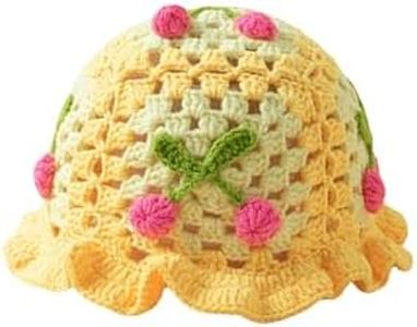 Verdusa Women's Floral Applique Crochet Bucket Hats Knit Caps Yellow One-Size