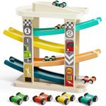 TOP BRIGHT Car Race Toy for Toddlers, Race Track Game Toy Vehicle Sets with 4 Wooden Cars, 1 Parking Garage and 4 Car Ramps, Montessori Toys Gifts for Boy Girl Age 18 Months and Up