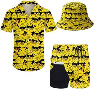 Wdpsuxin Mens 2 Piece Tracksuit Hawaiian Button Down Shirt and Compression Liner Shorts Sets with Bucket Hats, Sunglasses Rubber Duck, Medium