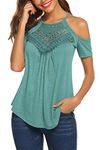 Bluetime Women's Casual Short Sleeve Flowy Lace Cold Shoulder Summer Tops Blouses Basic Tee Shirt (S, Teal Green)