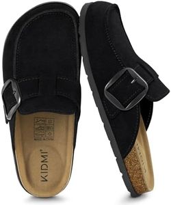 KIDMI Genuine Suede Clogs for Women Cork Footbed Leather Mules Slip On with Comfort Memory Foam and Adjustable Buckle, Black 36
