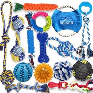 Beiker Puppy Teething Chew Toys - 15 Pack Durable Small Dog Toys for Puppies, Dog Rope Chew Toys Bundle for Boredom, Interactive Squeaky Treat Dispensing Ball, Funny Flyer, Non-Toxic & Safe