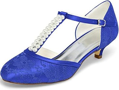JIAJIA 01129 Women's Bridal Shoes Closed Toe T-Strap 1.8'' Low Heel Lace Satin Pumps Imitation Wedding Shoes Colour Blue,Size 5.5 B(M) US/36 EU