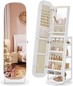 SONGMICS LED Jewelry Cabinet, 360° Swivel Jewelry Organizer, Lockable Mirror Jewelry Cabinet Standing, Rounded Wide Full-Length Mirror with Storage Shelves, Christmas Gifts,Cloud White