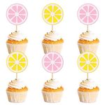 Ercadio 24 Pcs Lemon Cupcake Toppers Glitter Fruit Theme Summer Lemonade Cupcake Picks for Kid Baby Shower Party Decorations Boy Girl Birthday Cake Party Supplies Lemon Pink