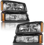 WEELMOTO Headlights Assembly Compatible with 2003-2007 Chevy Silverado Headlight Assemblies for 03 04 05 06 07 Chevy Silverado Headlight +Bumper light Set Black Housing Amber Reflector Left+Right Side