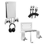 Hosanwell PS5 Wall Mount Bracket Shelf Set, Playstation 5 Wall Mount Made of Concrete Steel Metal with Detachable Controller Holder & Headphone Hanger, Easy Install with Accessories, White