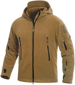 CARWORNIC Men's Military Tactical Fleece Jacket Warm Multi-Pockets Outdoor Hooded Coat, Khaki, XX-Large