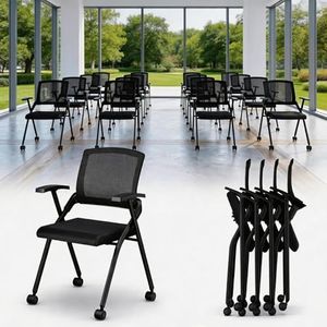 OOFAYBILL 50 Pack Folding Office Chair Conference Room Chair with Armrest Mesh Back, Stackable Foldable Office Chair for Guest Reception Meeting Classroom Training Seminar (with Wheels, 50)