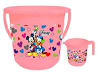 Urbane Home Disney Team Mickey Print 2 Pieces Unbreakable Virgin Plastic Bathroom Bucket with Mug Set- Pink, (1 Pc 16 LTR Bucket & 1 Pc 500 ML Mug)