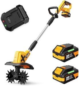 20V Cordless Tiller Cultivator, 400RPM Electric Rototiller with 48 Steel Tines, 4.0Ah Battery Powered Garden Tiller with 8-inch Width and 6-inch Depth, Tiller for Gardening and Soil-Yellow