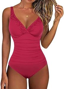 Hilor Women's One Piece Swimsuits Pin Tucked Surplice Swimwear Tummy Control Bathing Suits Monokinis Red 10