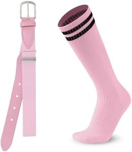 AWAYTR Youth Baseball Socks and Belt - Kids Softball Belts and Socks Combo for Youth Boys Girls (Pink, Fit waist 20" - 34" (Rec 6-15yrs))