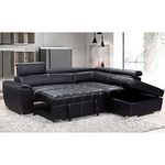 Furnishings For Less UK Corner Sofa Bed | Nevada Large Black L Shaped Black Leather | Tilting Headrest and Storage Ottoman Included (Black Leather Right Hand Facing)