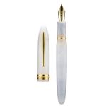 Hongdian N9 Fountain Pen, Long Blade Medium Nib Gold Trim, Jade White Color & Acrylic Design with Converter and Metal Pen Case Set