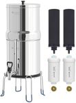 FACHIOO Gravity-Fed Water Filter System, 3.25G Stainless-Steel Countertop System with 2 Black NSF/ANSI 42 Certification Elements, 2 Fluoride, Metal Water Level Spigot, Reduces Fluoride and Chlorine