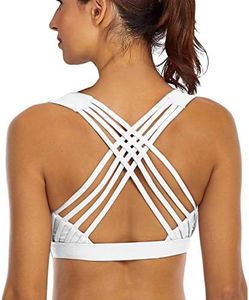 YIANNA Sports Bras for Women Cross Back Padded Sports Bra Medium Support Workout Running Yoga Bra, White Strappy, Large