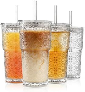 INSETLAN 20oz Begonia Flower Glass Tumbler Set of 4 – Thickened Glass Cups with Lids and Glass Straws for Iced Coffee, Smoothies, Milk, Water, and More – Elegant& Durable Drinkware