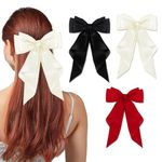 FEXPDL Bow Hair Clip 3 Pcs Black Hair Bows for Women White Bow For Hair Red Bow Clips with Long Silky Satin Hair Slides Solid Color Bowknot Hairpin Hair Barrettes Scrunchies(Black,white,Red)