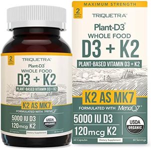Triquetra Health Organic Plant D3 + K2 | 5000 iu D3 + 120 mcg K2 as All-Trans MK7 from MenaQ7® - 100% Whole Food, Raw & Vegan | Enhanced Digestion with Prebiotic & Superfood Complex (60 Servings)