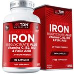 Gentle Iron Capsules 18mg Iron Complex with Vitamin C, B12, B2 & Folic Acid - Iron Supplement for Women & Men - 180 Small High Strength Capsules - 6 Month Supply - UK Formulated - Vegan Friendly