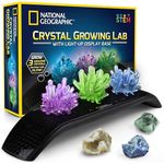 NATIONAL GEOGRAPHIC Crystal Growing Kit - 3 Vibrant Coloured Crystals to Grow with Light-Up Display Stand & Guidebook, Includes 3 Real Gemstone Specimens Including A Geode & Green Fluorite