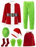 ADOMI Christmas Costume for Men Green Big Monster 8PCS Deluxe Adult Santa Suit Xmas Furry Outfit Set Halloween Holiday 3XL