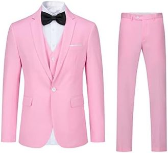 YFFUSHI Men's 3 Piece Suit Set One Button Solid Blazer Jacket Vest Pants for Business, Wedding and Prom Light Pink