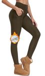 CheChury Warm Thermal Leggings for Women Fleece Lined Leggings Elastic High Waisted Winter Stretchy Fleece Lined Pant with Pockets,Brown,L