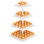 HURZMORO 4 Tier Cupcake Tower Stand for 50 Cupcakes,Wood Cake Stand with Tiered Tray Decor,Farmhouse Tiered Tray Decor,Cupcake Display for Birthday Graduation (White 4-ply Square)