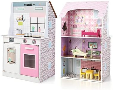 HONEY JOY 2-in-1 Wooden Dollhouse w/Furniture, Double-sided Kids Kitchen Playset w/Realistic Sound, Stove, Faucet & Sink, Pretend Cooking Toy with 9 Accessories for Toddlers Girls Ages 3+, Pink