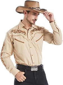 EL PIONERO Men's Western Cowboy Shirt Embroidered Shirt Long Sleeve Casual Snap Button Shirt, Khaki, Large