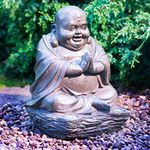 MMJ Solar Powered Laughing Happy Garden Buddha With LED Lights No wiring required Easy Assembly Install Anywhere Rechargeable Battery Included 30cm (Approx.) - Stone Effect.