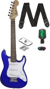 Fender Squier 3/4 Size Kids Mini Strat Electric Guitar Learn-to-Play Bundle with Tuner, Strap, Picks, Fender Play Online Lessons, and Austin Bazaar Instructional DVD - Imperial Blue