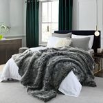 Luxury Faux Fur Blanket King Size, Ultra Big Grey and Black High Pile Mixed Faux Fur Blanket, Oversized Super Warm, Fuzzy, Elegant, Fluffy Decoration Blanket Scarf for Sofa, Couch and Bed, 104''x 90''