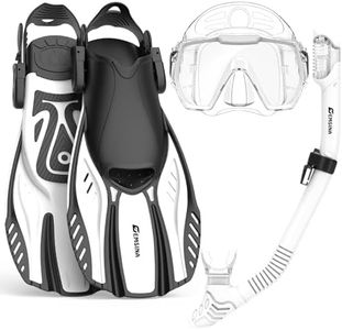 EMSINA E8 Freedom HD Mask Fin Snorkel Set with Adult Snorkeling Gear, Panoramic View Diving Mask, Trek Fin, Dry Top Snorkel +Travel Bags, Snorkel for Lap Swimming(3XWhiteT_SM)