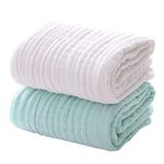 BWinka 2PCS Super Soft 6 Layers Muslin Cotton Newborn Baby/Kids Bath Towels White Also for Baby Blanket(105x105cm) (White+Green)