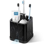 DoubleCare Small Toothbrush Holder for Bathroom Detachable Easy Clean 5 Slots Electric & Toothpaste Caddy Family Kids on Vanity, Sink, and countertop, Square Marble Black, (YJ-01)