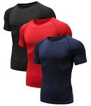 Holure Men's (Pack of 3) Workout Baselayer Athletic Compression Short Sleeve Shirts Black/Navy/red 04-2XL