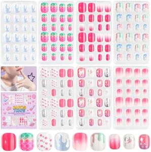 SAVILAND 168Pcs 7 Pack Press on Nails for Kids Children Fake Nails Stick on Nails Pre-glue Full Cover Glitter Gradient Color Star Short Acrylic Nail Tips Nail Art Gifts for 8-12 Year Old Kids Girls