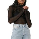 Yassiglia Women's Mesh Long Sleeve Top Mock Neck Slim Sheer Top Lace Floral Blouse Layering Tops Y2K Sexy See Through Tops for Women (A-Black, S)