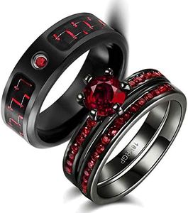 wedding ring set Two Rings His Hers Couples Matching Rings Women's 2pc Black Gold Filled Red CZ Wedding Engagement Ring Bridal Sets Men's Stainless steel Wedding Band, Crystal stone Metal, Cubic Zirconia