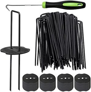 Bakulyor 100pcs Black Landscape Staples + 100pcs Buffer Washer, 6 Inch 11 Gauge Garden Stakes Staples, U Shaped Galvanized Lawn Pins Heavy Duty Yard Ground Pin for Weed Barrier Sod Fabric Decorations