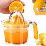 Drizom Citrus Lemon Orange Juicer Manual Hand Squeezer, Fruit Juicer Lime Press with Built-in Measuring Cup and Grater and Egg separator, Non-Slip Silicone Handle, 20OZ