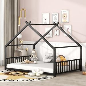 PVWIIK Full Size Floor Bed with Roof & Headband for Kids, Girls, Boys,Metal Montessori Floor Bed, Easy Assembly,No Box Spring Needed, Black