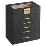 SONGMICS Jewellery Box with Glass Lid, 6-Tier Jewellery Organiser, 5 Drawers, for Sunglasses, Big Jewellery, Jewellery Storage, Modern Style, Graphite Black and Gold Colour JBC171B01