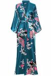 BABEYOND Women's Kimono Robe Long Satin Robes with Peacock and Blossoms Printed Kimono Nightgown, Turquoise, One Size